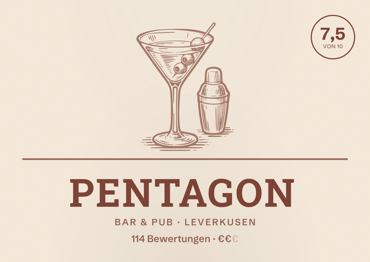 Illustriertes Poster von Pentagon, Bar & Pub in Leverkusen: Bewertung 7,5 von 10 aus 114 Bewertungen, Preisniveau €€
