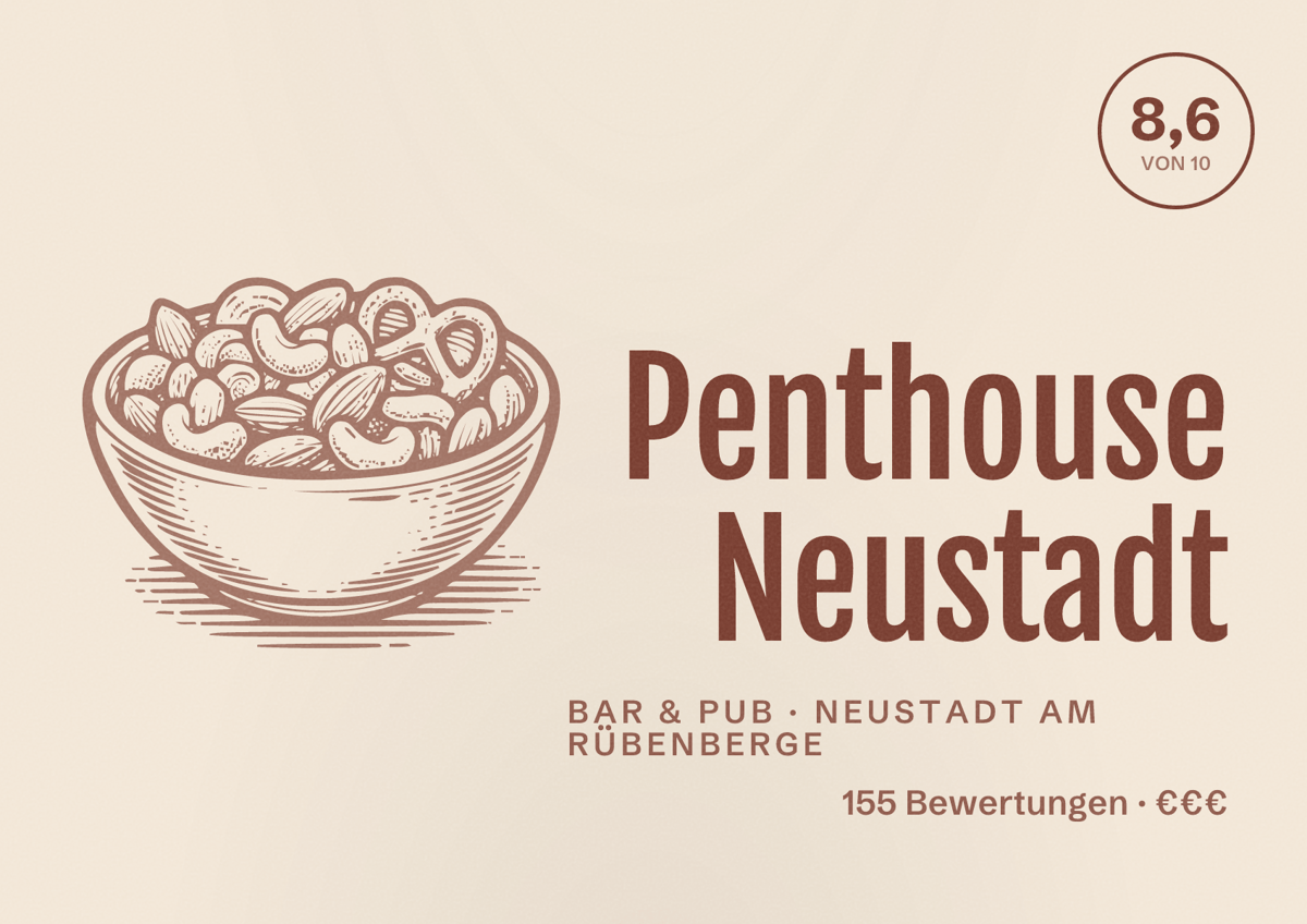 Illustriertes Poster von Penthouse Neustadt, Bar & Pub in Neustadt am Rübenberge: Bewertung 8,6 von 10 aus 155 Bewertungen, Preisniveau €€€