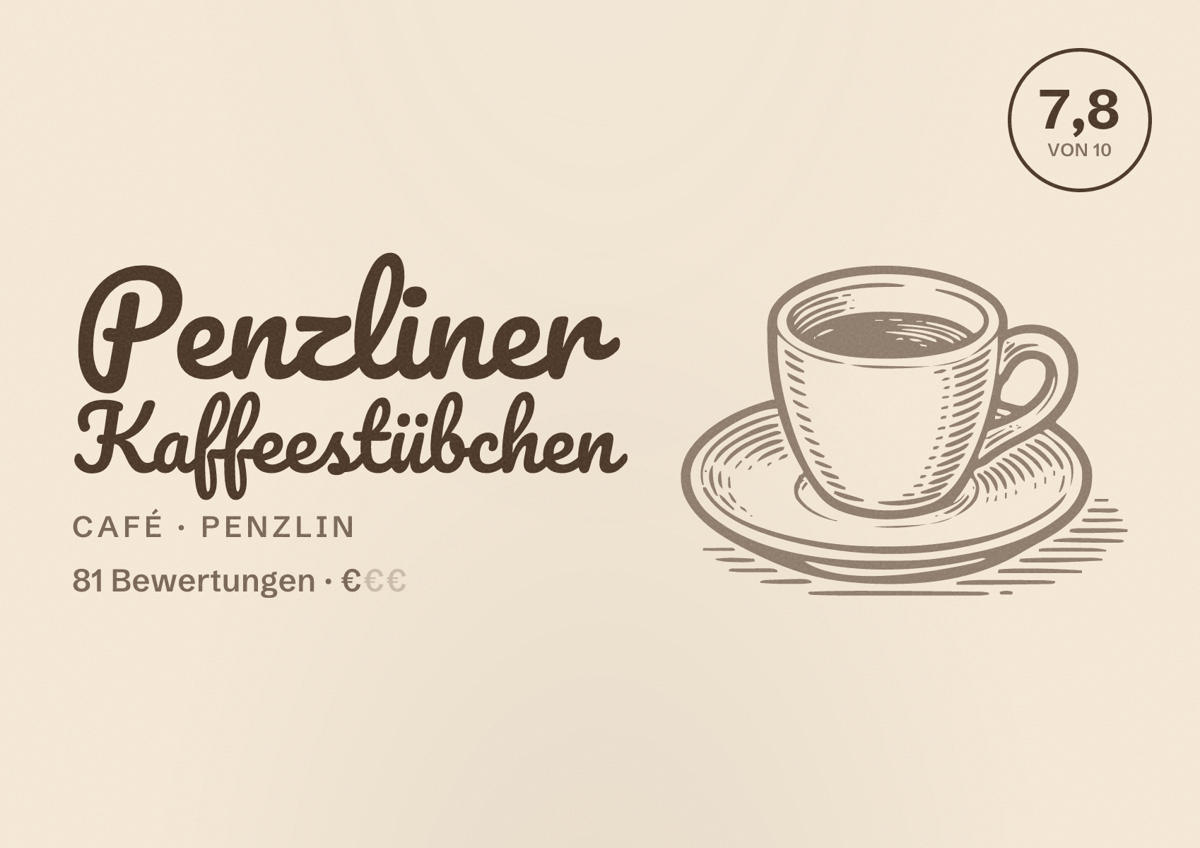 Illustriertes Poster von Penzliner Kaffeestübchen, Café in Penzlin: Bewertung 7,8 von 10 aus 81 Bewertungen, Preisniveau €