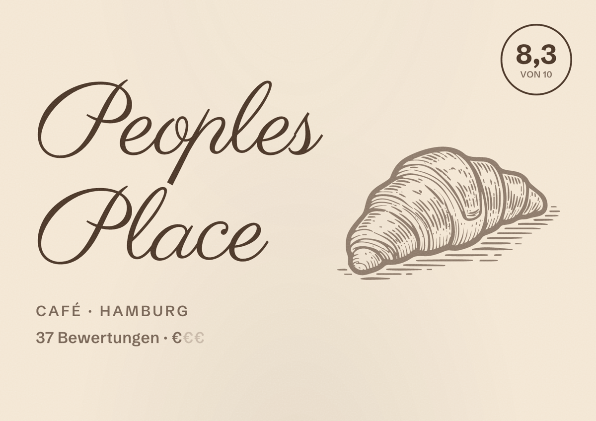 Illustriertes Poster von Peoples Place, Café in Hamburg: Bewertung 8,3 von 10 aus 37 Bewertungen, Preisniveau €