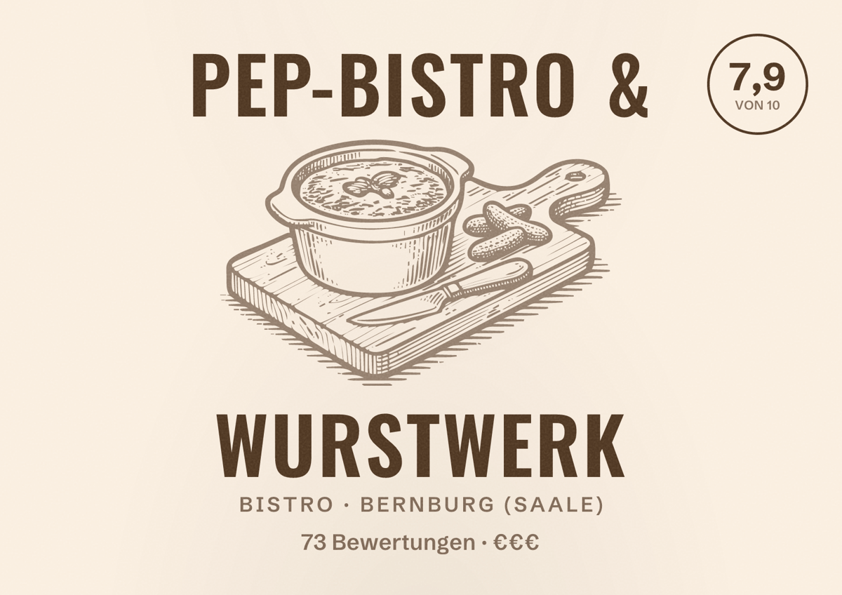 Illustriertes Poster von PEP-Bistro & Wurstwerk, Bistro in Bernburg (Saale): Bewertung 7,9 von 10 aus 73 Bewertungen, Preisniveau €€€
