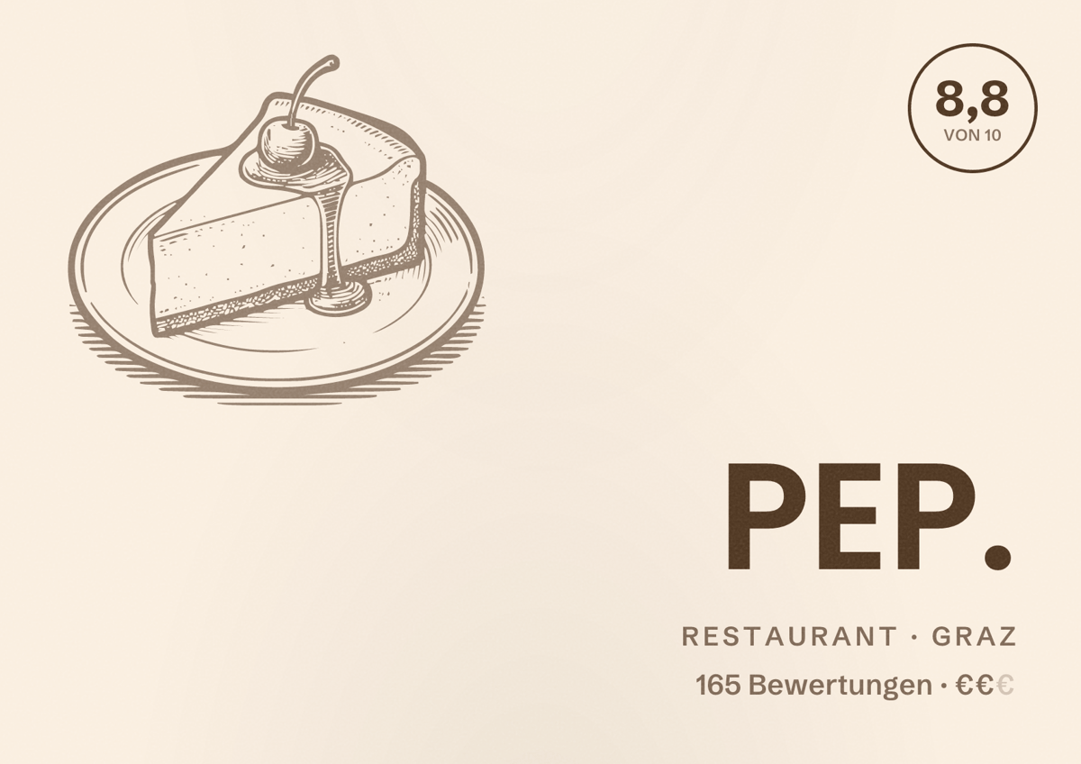 Illustriertes Poster von PEP., Restaurant in Graz: Bewertung 8,8 von 10 aus 165 Bewertungen, Preisniveau €€