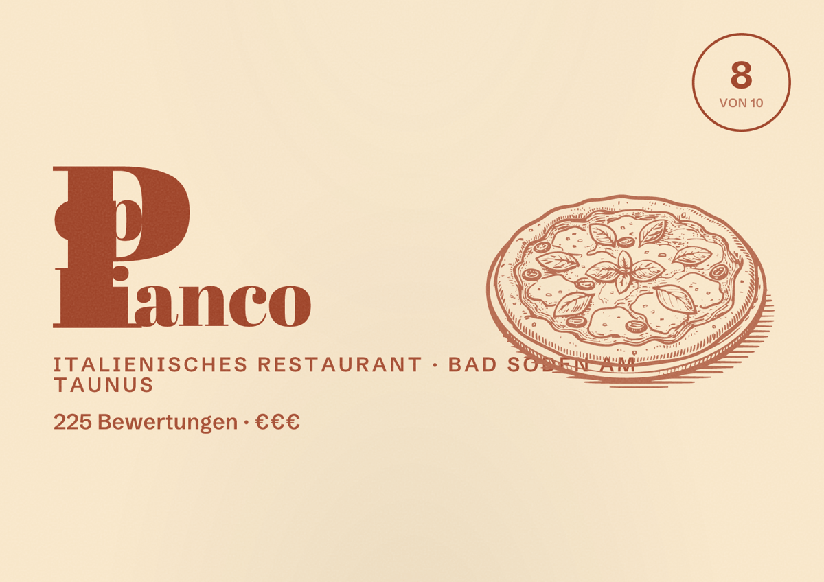 Illustriertes Poster von Pepe Bianco, Italienisches Restaurant in Bad Soden am Taunus: Bewertung 8 von 10 aus 225 Bewertungen, Preisniveau €€€