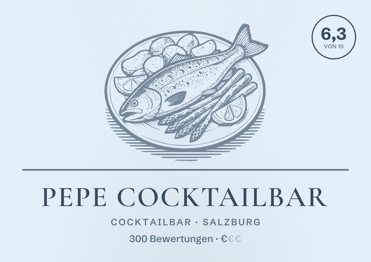 Illustriertes Poster von Pepe Cocktailbar, Cocktailbar in Salzburg: Bewertung 6,3 von 10 aus 300 Bewertungen, Preisniveau €