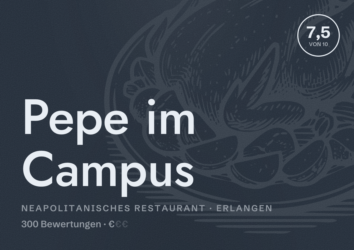 Illustriertes Poster von Pepe im Campus, Neapolitanisches Restaurant in Erlangen: Bewertung 7,5 von 10 aus 300 Bewertungen, Preisniveau €