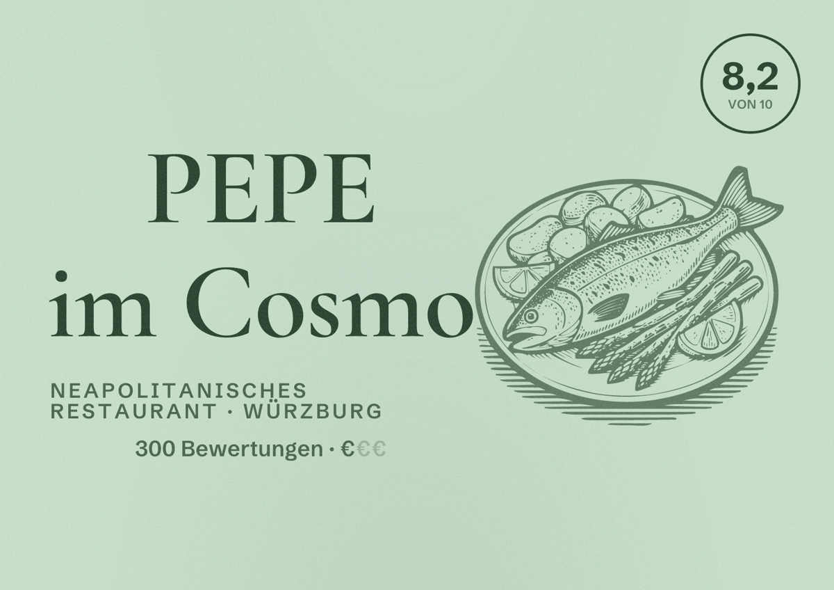Illustriertes Poster von PEPE im Cosmo, Neapolitanisches Restaurant in Würzburg: Bewertung 8,2 von 10 aus 300 Bewertungen, Preisniveau €
