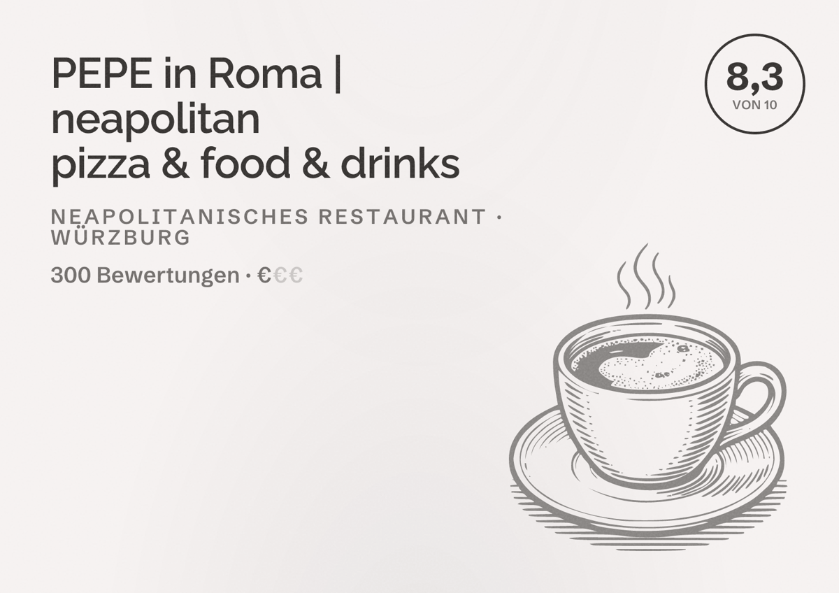 Illustriertes Poster von PEPE in Roma | neapolitan pizza & food & drinks, Neapolitanisches Restaurant in Würzburg: Bewertung 8,3 von 10 aus 300 Bewertungen, Preisniveau €
