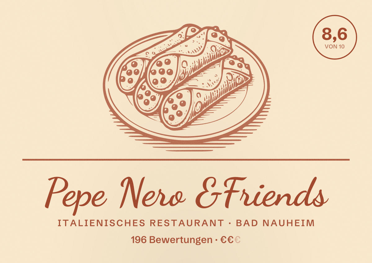 Illustriertes Poster von Pepe Nero &Friends, Italienisches Restaurant in Bad Nauheim: Bewertung 8,6 von 10 aus 196 Bewertungen, Preisniveau €€