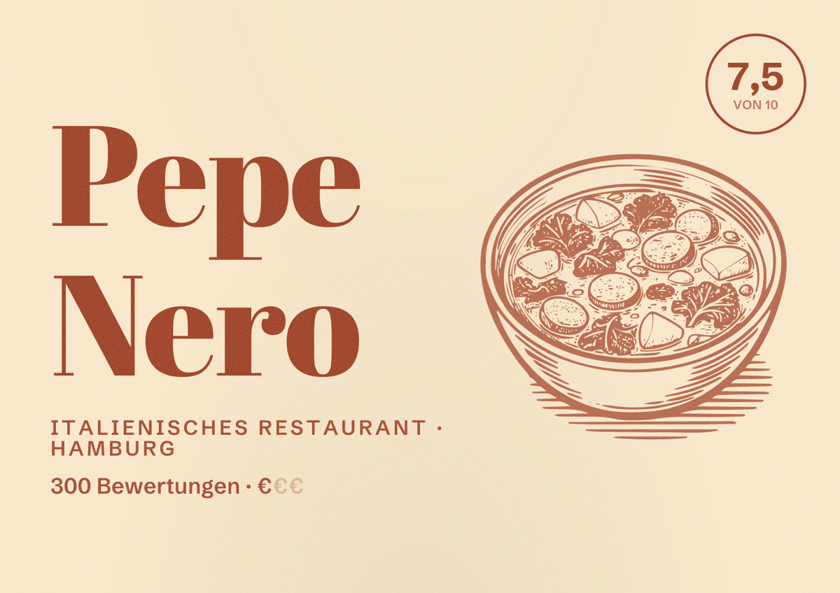 Illustriertes Poster von Pepe Nero, Italienisches Restaurant in Hamburg: Bewertung 7,5 von 10 aus 300 Bewertungen, Preisniveau €
