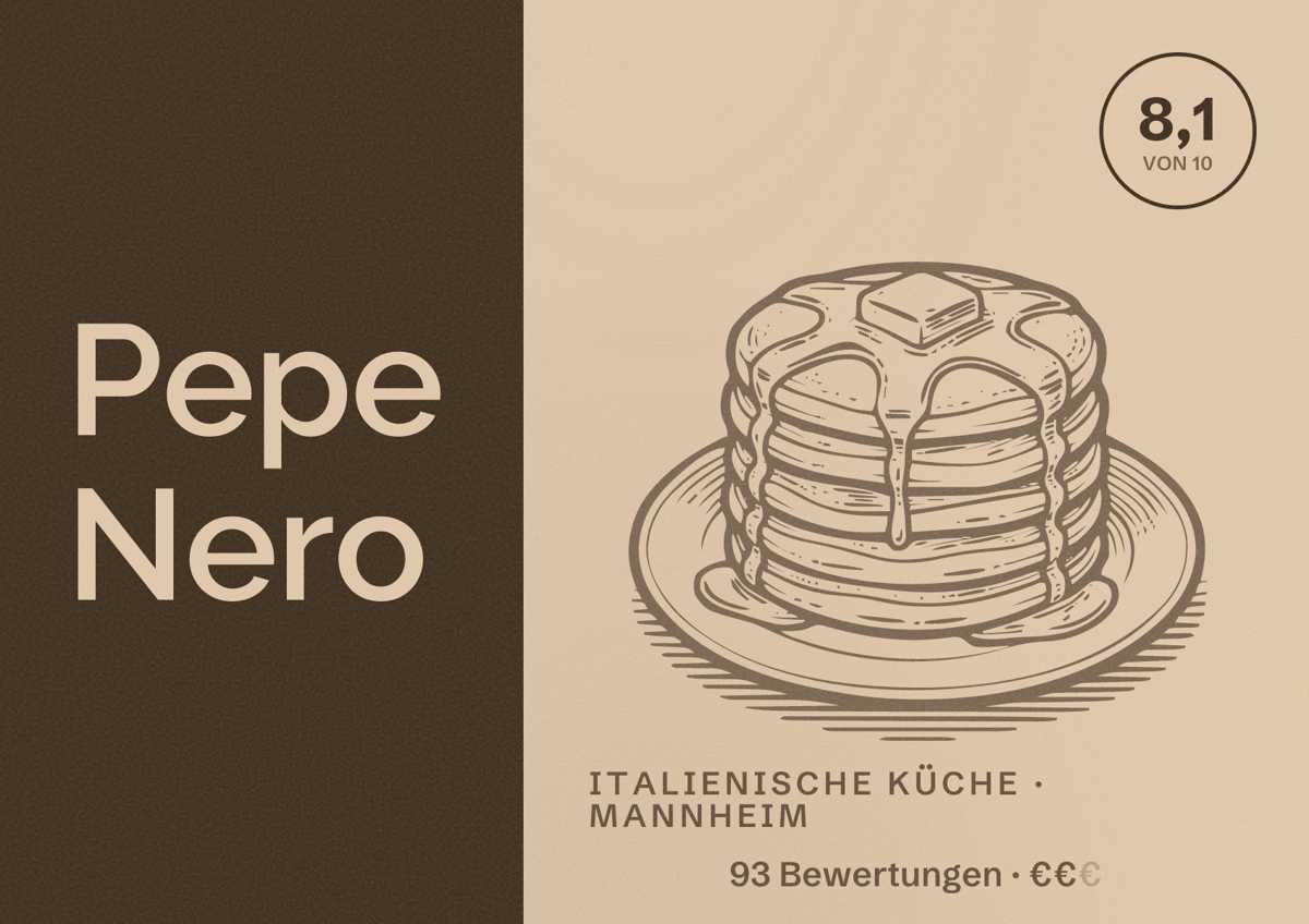 Illustriertes Poster von Pepe Nero, Italienische Küche in Mannheim: Bewertung 8,1 von 10 aus 93 Bewertungen, Preisniveau €€