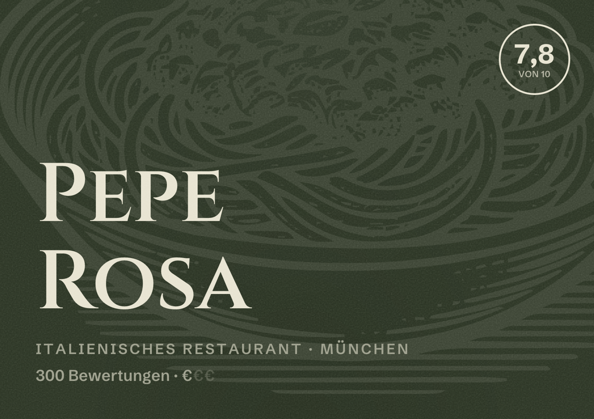 Illustriertes Poster von Pepe Rosa, Italienisches Restaurant in München: Bewertung 7,8 von 10 aus 300 Bewertungen, Preisniveau €