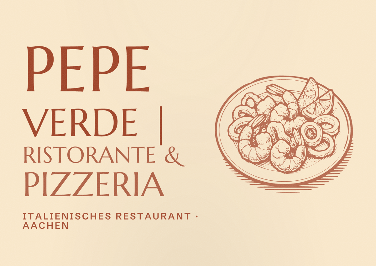 Illustriertes Poster von Pepe Verde | Ristorante & Pizzeria, Italienisches Restaurant in Aachen: Bewertung 7,7 von 10 aus 264 Bewertungen, Preisniveau €€€