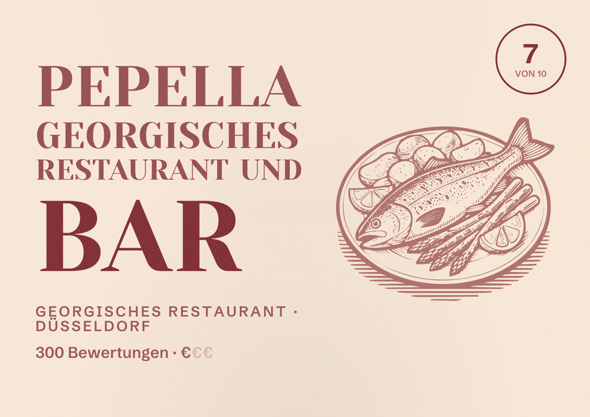 Illustriertes Poster von Pepella georgisches Restaurant und Bar, Georgisches Restaurant in Düsseldorf: Bewertung 7,0 von 10 aus 300 Bewertungen, Preisniveau €