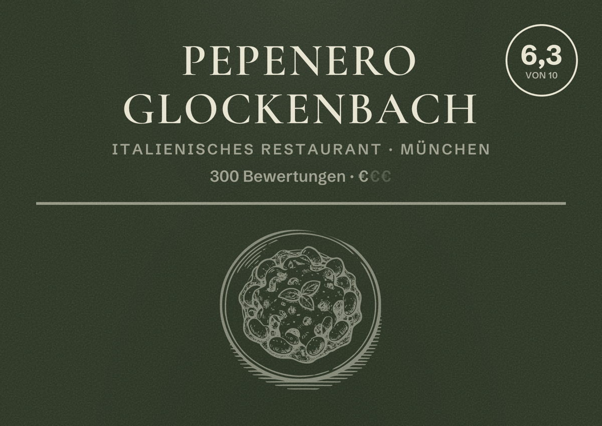 Illustriertes Poster von Pepenero Glockenbach, Italienisches Restaurant in München: Bewertung 6,3 von 10 aus 300 Bewertungen, Preisniveau €