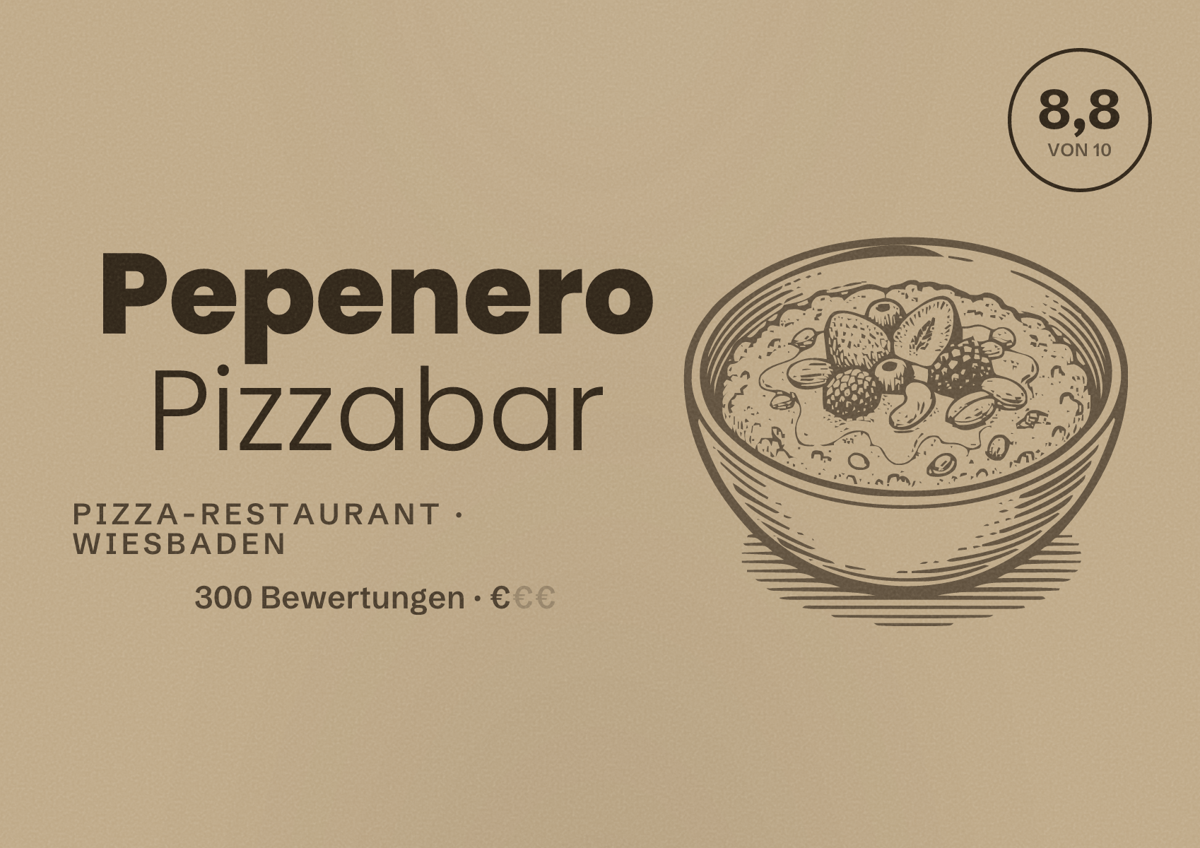 Illustriertes Poster von Pepenero Pizzabar, Pizza-Restaurant in Wiesbaden: Bewertung 8,8 von 10 aus 300 Bewertungen, Preisniveau €