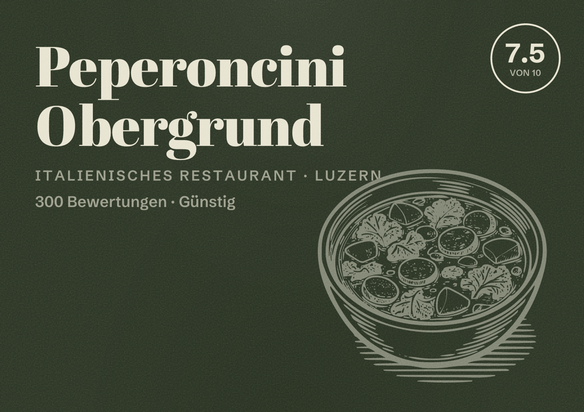 Illustriertes Poster von Peperoncini Obergrund, Italienisches Restaurant in Luzern: Bewertung 7.5 von 10 aus 300 Bewertungen, Preisniveau Günstig