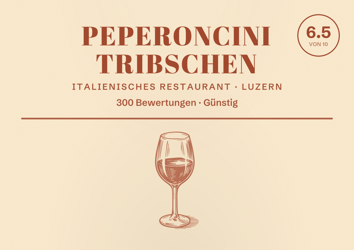 Illustriertes Poster von Peperoncini Tribschen, Italienisches Restaurant in Luzern: Bewertung 6.5 von 10 aus 300 Bewertungen, Preisniveau Günstig