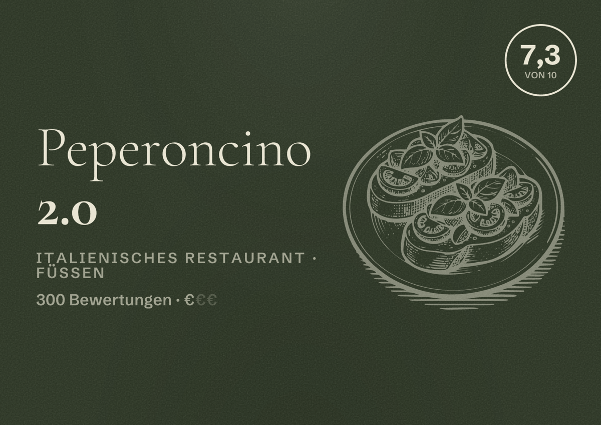 Illustriertes Poster von Peperoncino 2.0, Italienisches Restaurant in Füssen: Bewertung 7,3 von 10 aus 300 Bewertungen, Preisniveau €