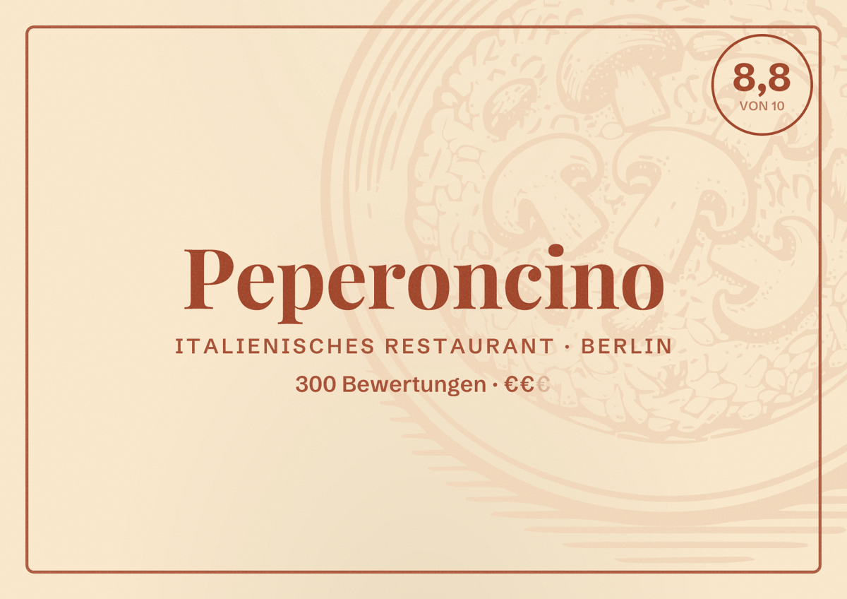 Illustriertes Poster von Peperoncino, Italienisches Restaurant in Berlin: Bewertung 8,8 von 10 aus 300 Bewertungen, Preisniveau €€