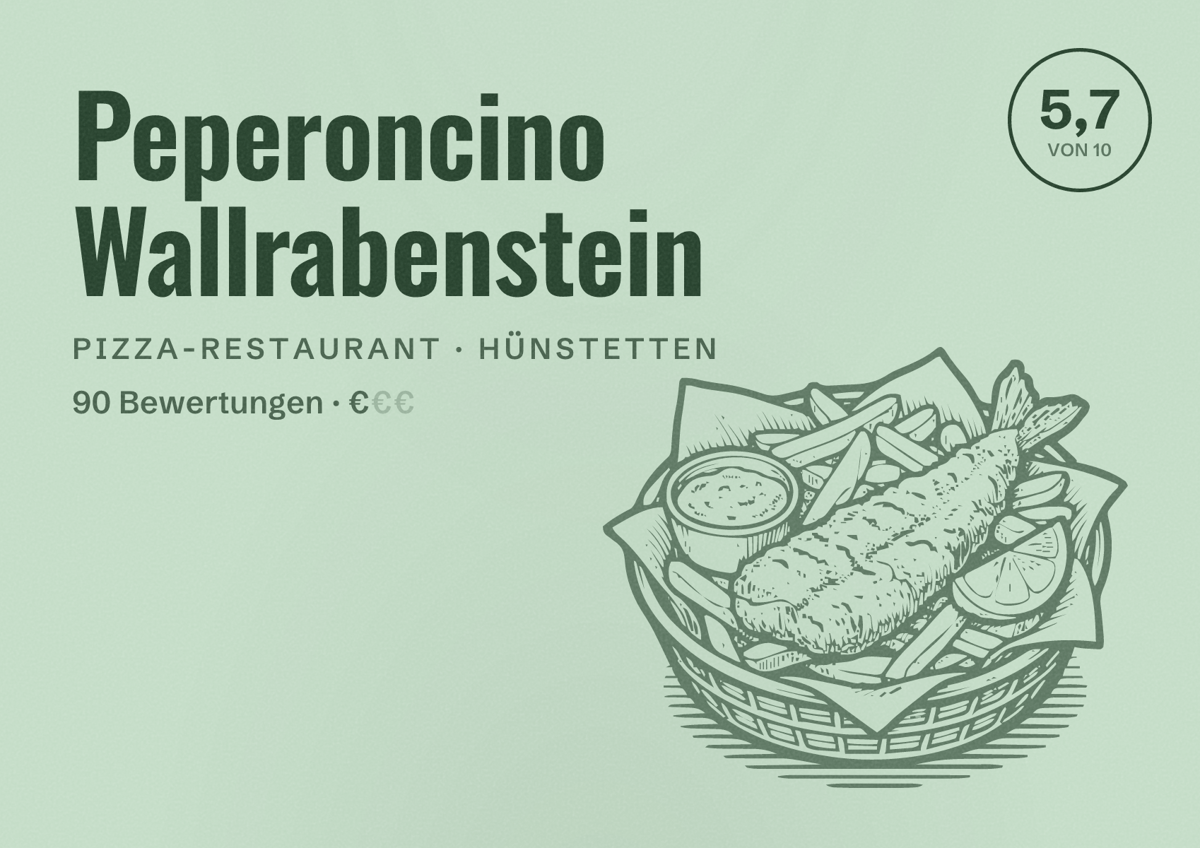 Illustriertes Poster von Peperoncino Wallrabenstein, Pizza-Restaurant in Hünstetten: Bewertung 5,7 von 10 aus 90 Bewertungen, Preisniveau €