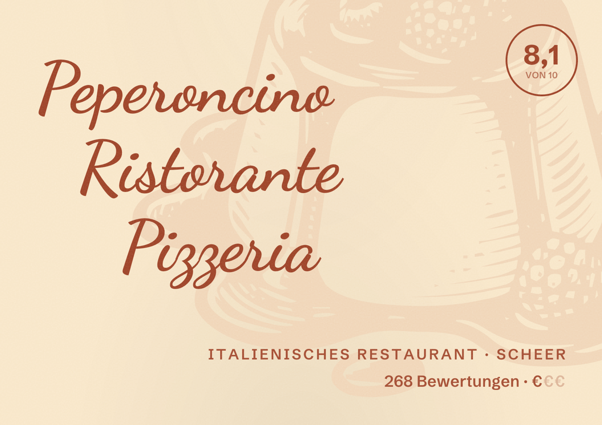 Illustriertes Poster von Peperoncino Ristorante Pizzeria, Italienisches Restaurant in Scheer: Bewertung 8,1 von 10 aus 268 Bewertungen, Preisniveau €