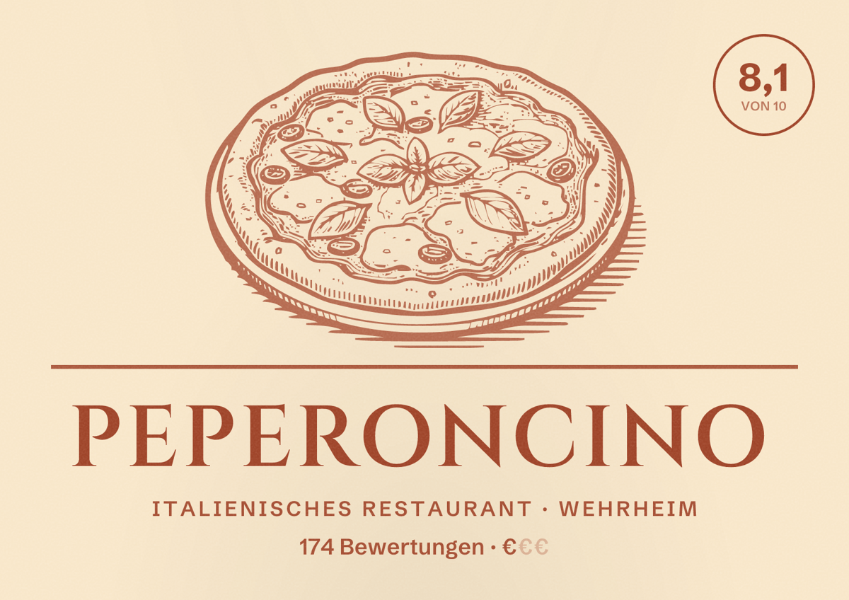 Illustriertes Poster von Peperoncino, Italienisches Restaurant in Wehrheim: Bewertung 8,1 von 10 aus 174 Bewertungen, Preisniveau €