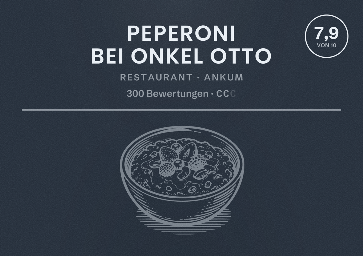 Illustriertes Poster von Peperoni bei Onkel Otto, Restaurant in Ankum: Bewertung 7,9 von 10 aus 300 Bewertungen, Preisniveau €€