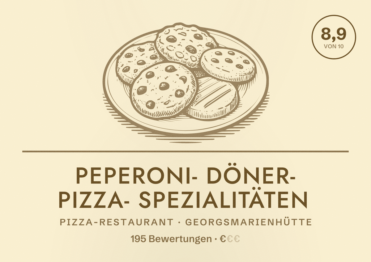 Illustriertes Poster von Peperoni- Döner- Pizza- Spezialitäten, Pizza-Restaurant in Georgsmarienhütte: Bewertung 8,9 von 10 aus 195 Bewertungen, Preisniveau €