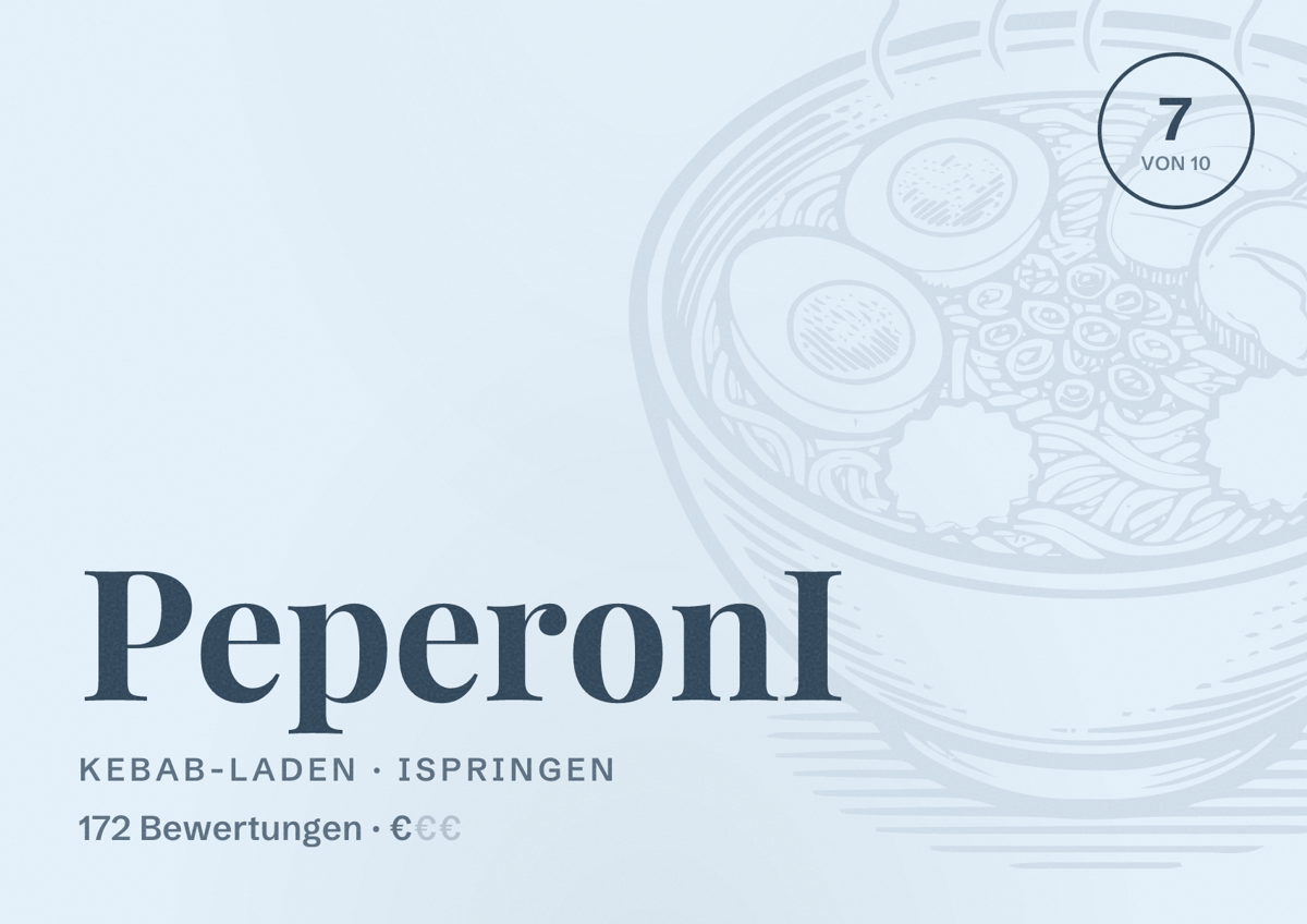 Illustriertes Poster von PeperonI, Kebab-Laden in Ispringen: Bewertung 7 von 10 aus 172 Bewertungen, Preisniveau €