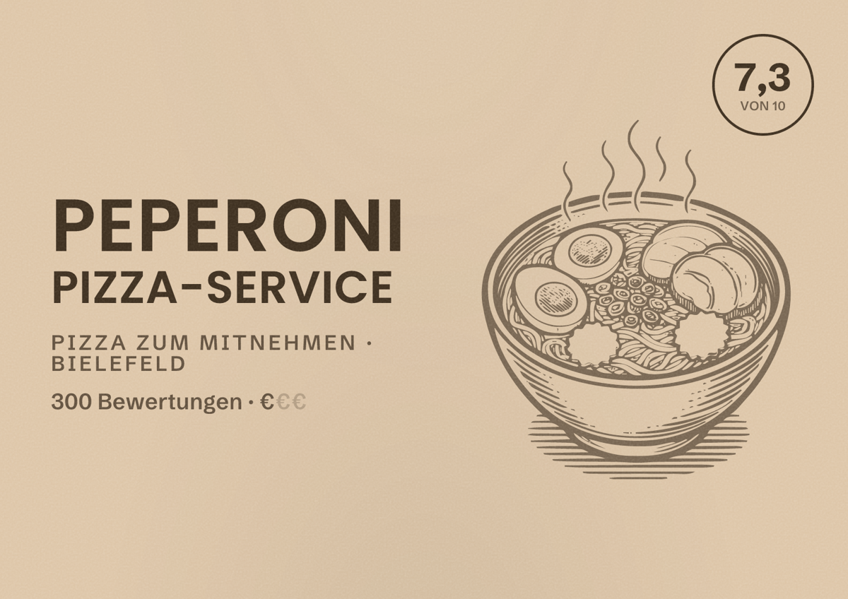 Illustriertes Poster von Peperoni Pizza-Service, Pizza zum Mitnehmen in Bielefeld: Bewertung 7,3 von 10 aus 300 Bewertungen, Preisniveau €