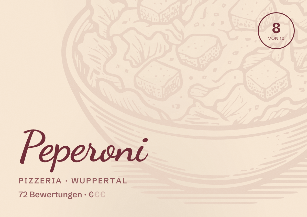 Illustriertes Poster von Peperoni, Pizzeria in Wuppertal: Bewertung 8 von 10 aus 72 Bewertungen, Preisniveau €