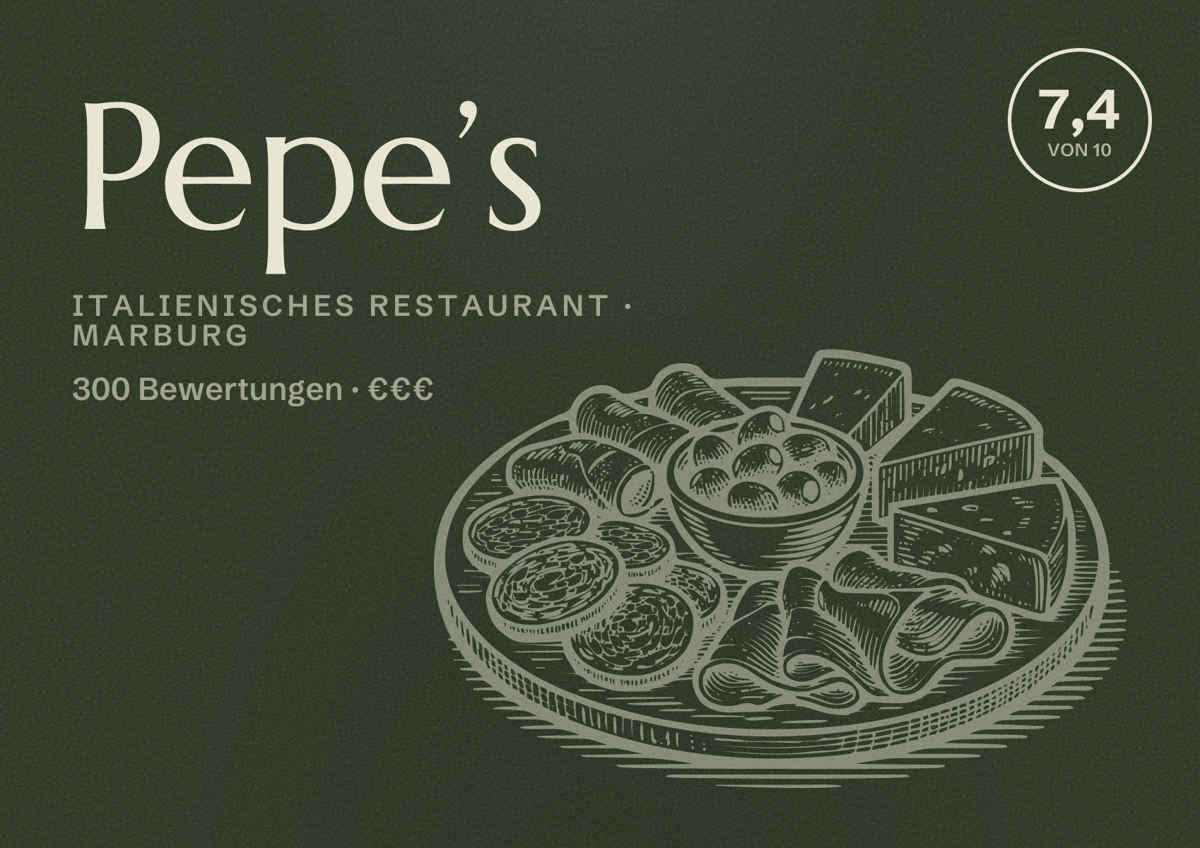 Illustriertes Poster von Pepe’s, Italienisches Restaurant in Marburg: Bewertung 7,4 von 10 aus 300 Bewertungen, Preisniveau €€€