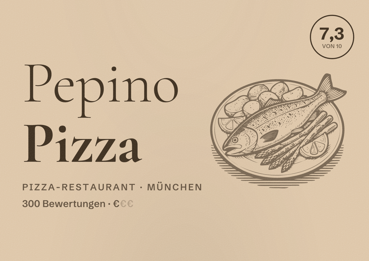 Illustriertes Poster von Pepino Pizza, Pizza-Restaurant in München: Bewertung 7,3 von 10 aus 300 Bewertungen, Preisniveau €