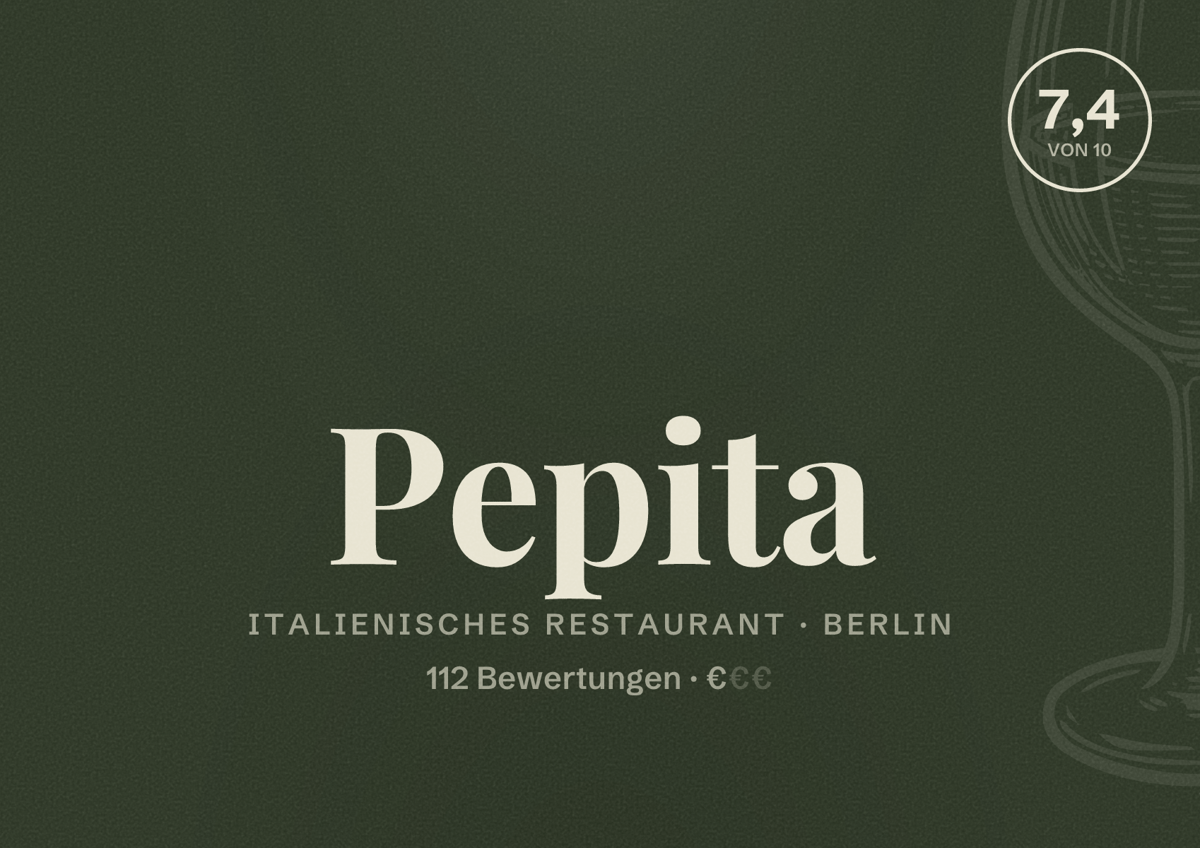 Illustriertes Poster von Pepita, Italienisches Restaurant in Berlin: Bewertung 7,4 von 10 aus 112 Bewertungen, Preisniveau €