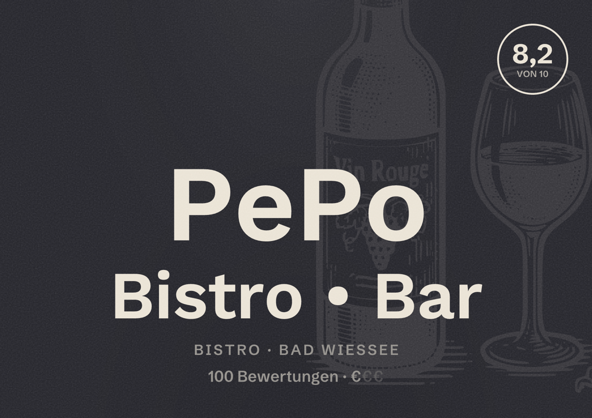 Illustriertes Poster von PePo Bistro • Bar, Bistro in Bad Wiessee: Bewertung 8,2 von 10 aus 100 Bewertungen, Preisniveau €