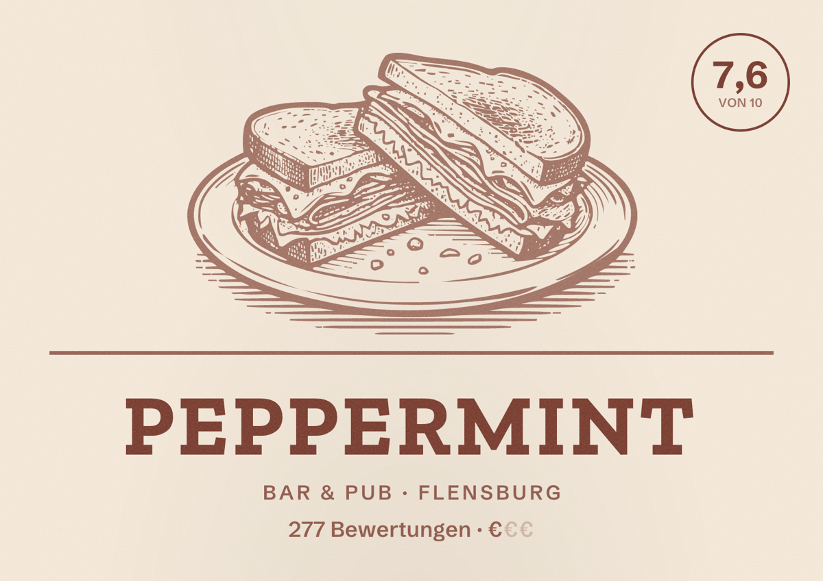 Illustriertes Poster von Peppermint, Bar & Pub in Flensburg: Bewertung 7,6 von 10 aus 277 Bewertungen, Preisniveau €