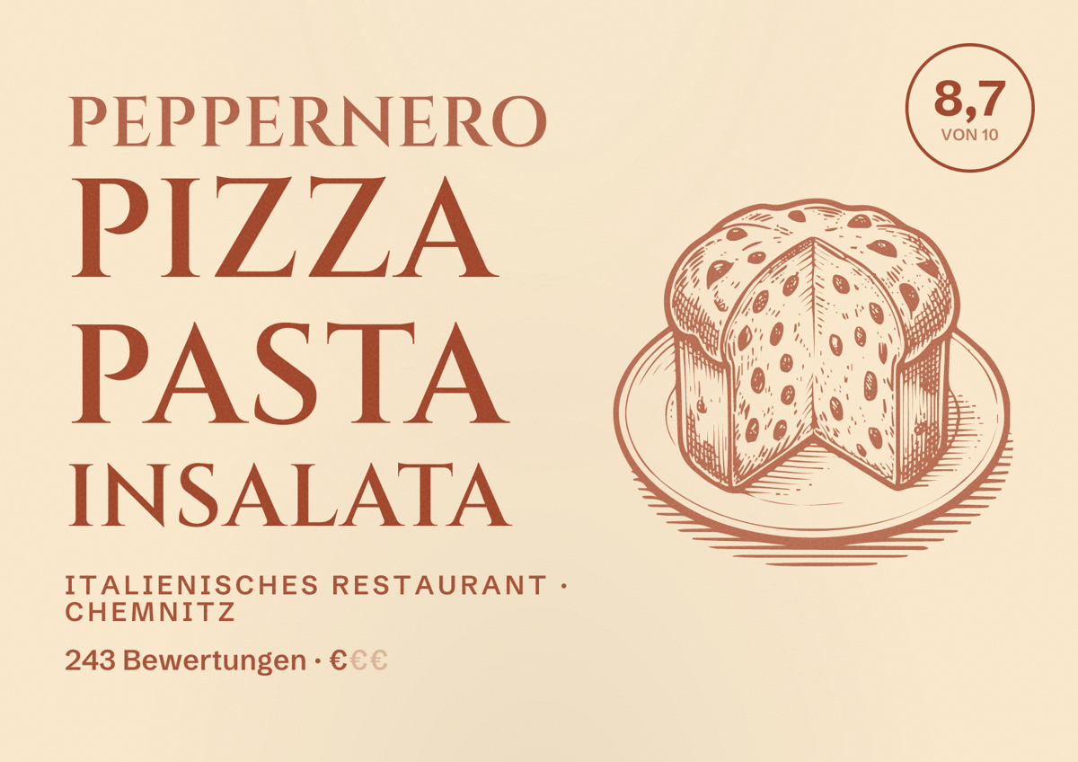Illustriertes Poster von Peppernero Pizza Pasta Insalata, Italienisches Restaurant in Chemnitz: Bewertung 8,7 von 10 aus 243 Bewertungen, Preisniveau €