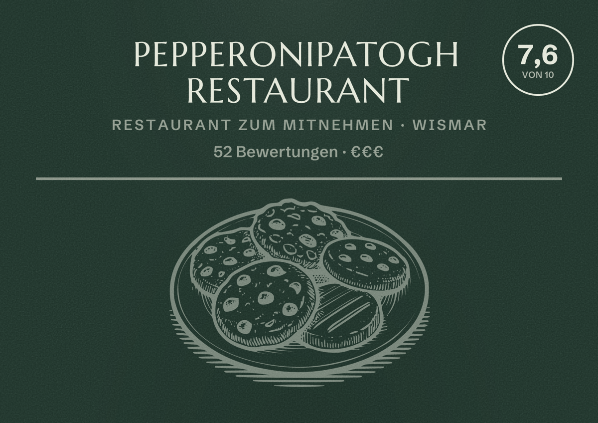 Illustriertes Poster von Pepperonipatogh Restaurant, Restaurant zum Mitnehmen in Wismar: Bewertung 7,6 von 10 aus 52 Bewertungen, Preisniveau €€€