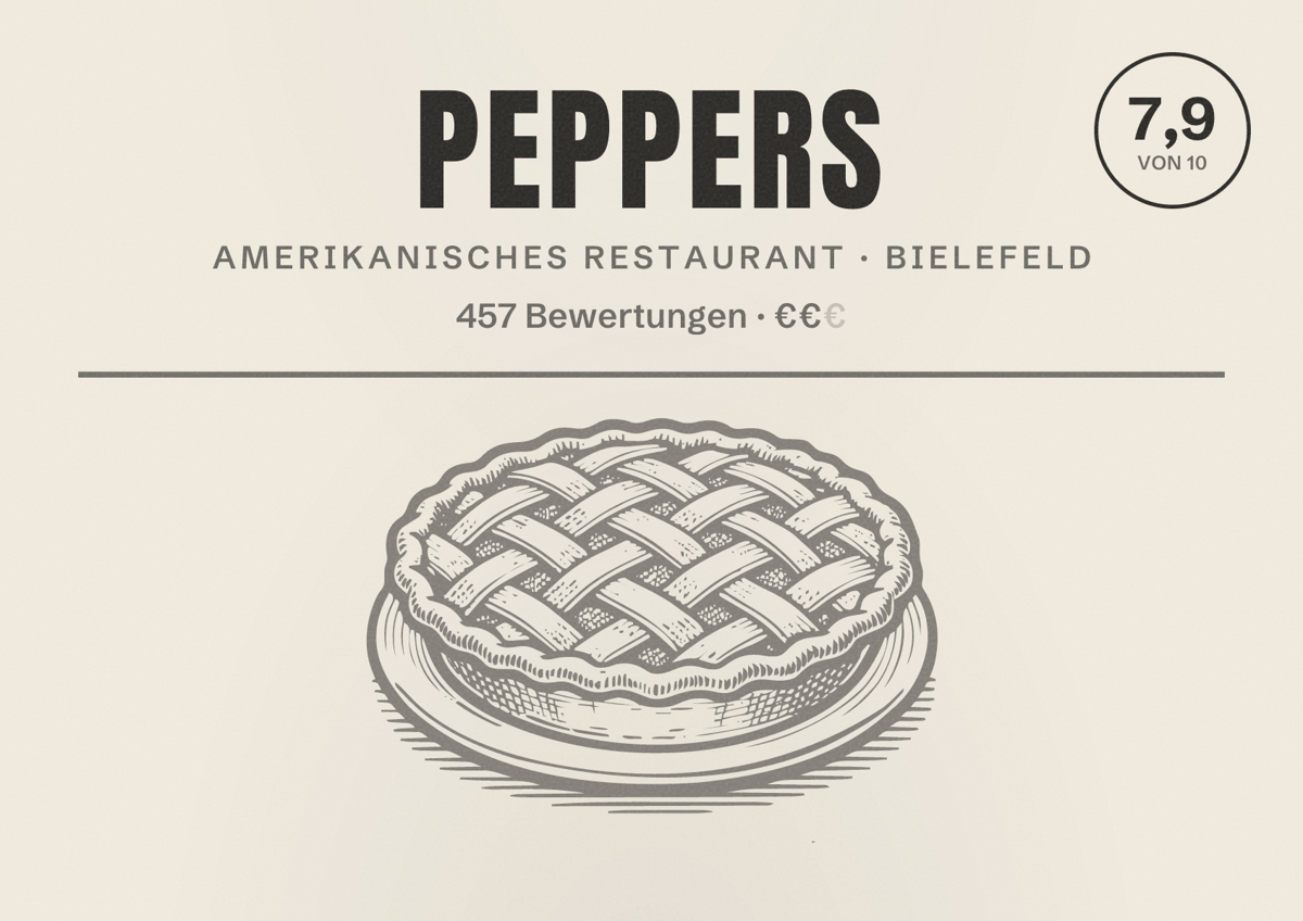 Illustriertes Poster von Peppers, Amerikanisches Restaurant in Bielefeld: Bewertung 7,9 von 10 aus 457 Bewertungen, Preisniveau €€