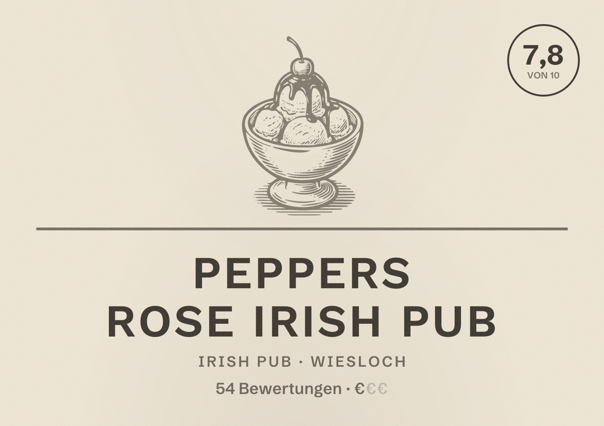 Illustriertes Poster von Peppers Rose Irish Pub, Irish Pub in Wiesloch: Bewertung 7,8 von 10 aus 54 Bewertungen, Preisniveau €