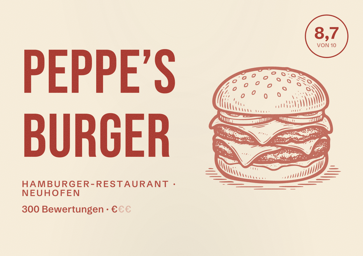Illustriertes Poster von Peppe’s Burger, Hamburger-Restaurant in Neuhofen: Bewertung 8,7 von 10 aus 300 Bewertungen, Preisniveau €