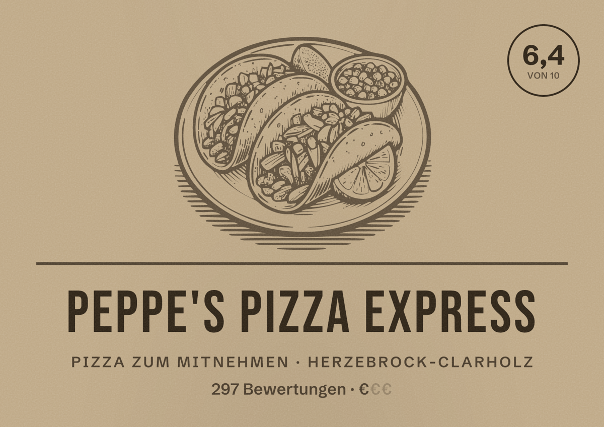 Illustriertes Poster von Peppe's Pizza Express, Pizza zum Mitnehmen in Herzebrock-Clarholz: Bewertung 6,4 von 10 aus 297 Bewertungen, Preisniveau €