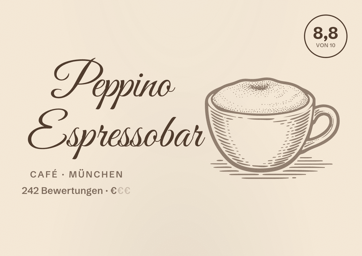 Illustriertes Poster von Peppino Espressobar, Café in München: Bewertung 8,8 von 10 aus 242 Bewertungen, Preisniveau €