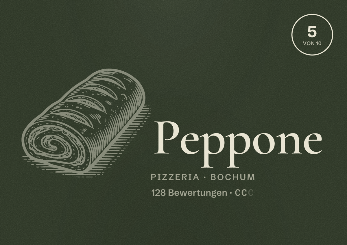 Illustriertes Poster von Peppone, Pizzeria in Bochum: Bewertung 5 von 10 aus 128 Bewertungen, Preisniveau €€