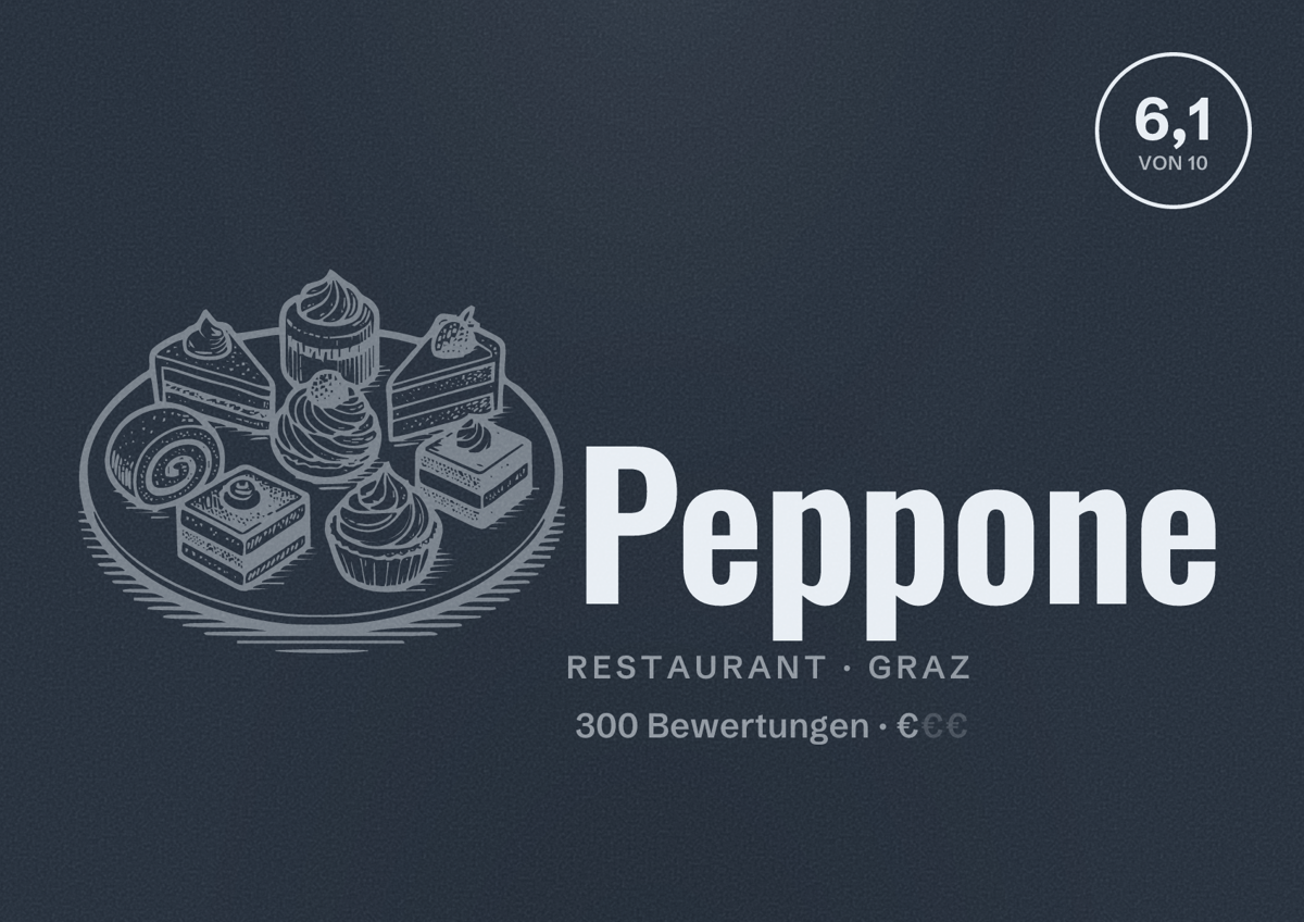 Illustriertes Poster von Peppone, Restaurant in Graz: Bewertung 6,1 von 10 aus 300 Bewertungen, Preisniveau €