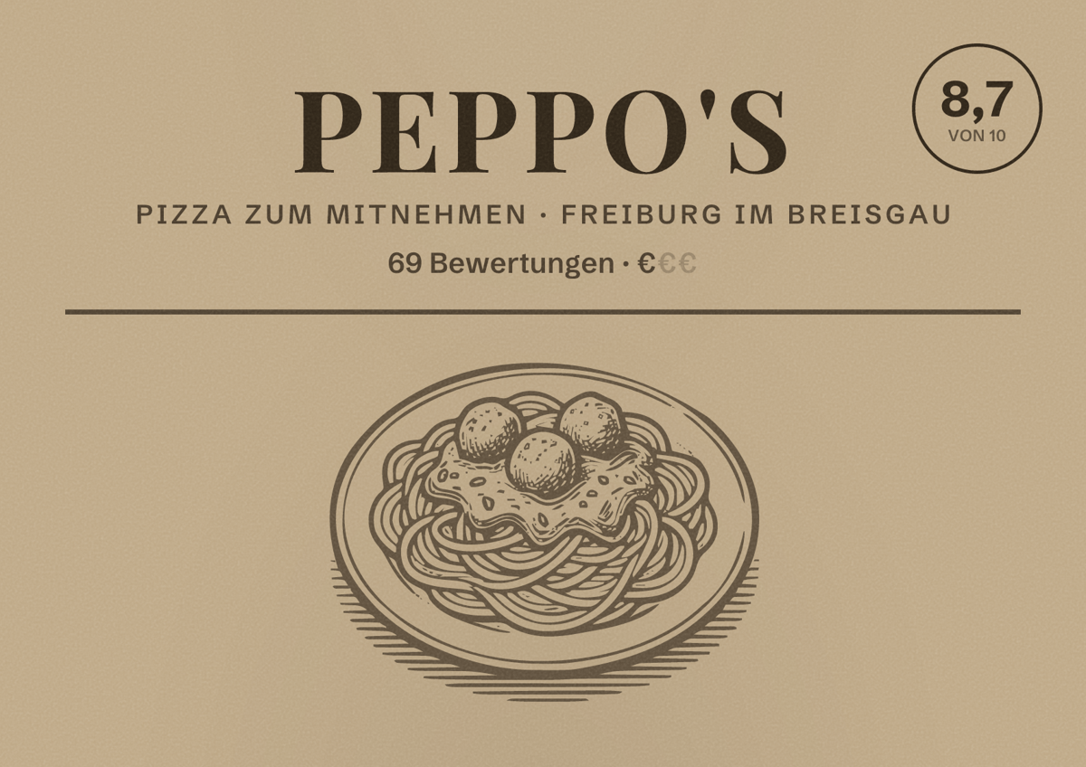Illustriertes Poster von Peppo's, Pizza zum Mitnehmen in Freiburg im Breisgau: Bewertung 8,7 von 10 aus 69 Bewertungen, Preisniveau €