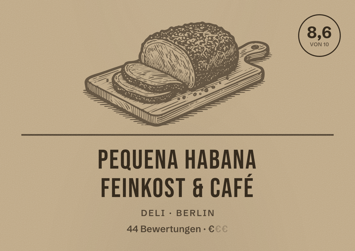 Illustriertes Poster von Pequena Habana Feinkost & Café, Deli in Berlin: Bewertung 8,6 von 10 aus 44 Bewertungen, Preisniveau €