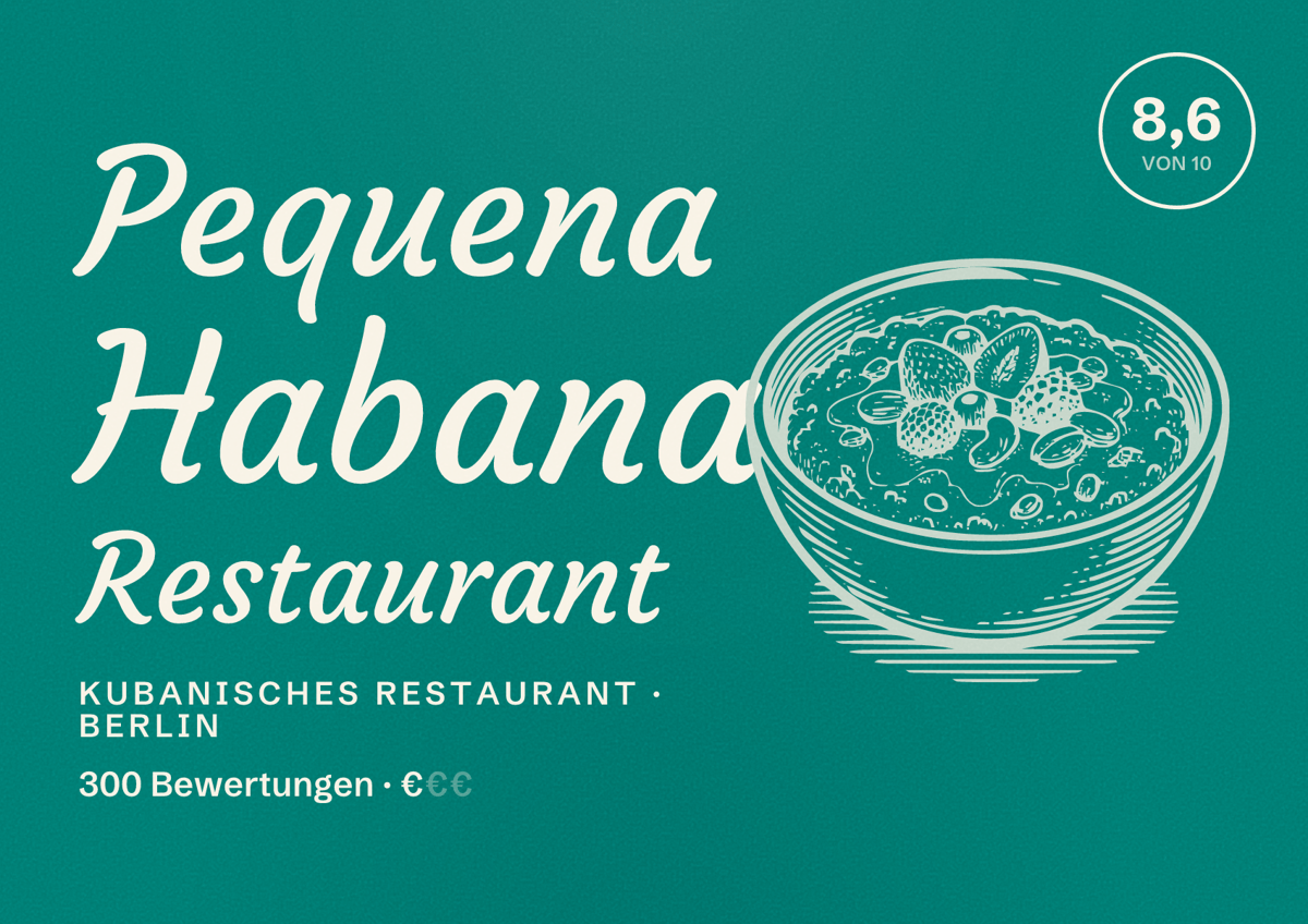 Illustriertes Poster von Pequena Habana Restaurant, Kubanisches Restaurant in Berlin: Bewertung 8,6 von 10 aus 300 Bewertungen, Preisniveau €