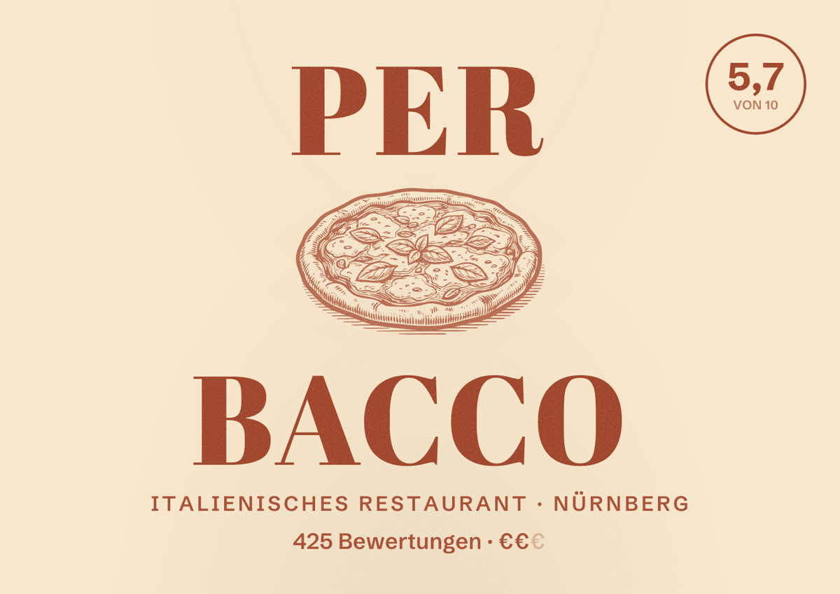 Illustriertes Poster von Per bacco, Italienisches Restaurant in Nürnberg: Bewertung 5,7 von 10 aus 425 Bewertungen, Preisniveau €€