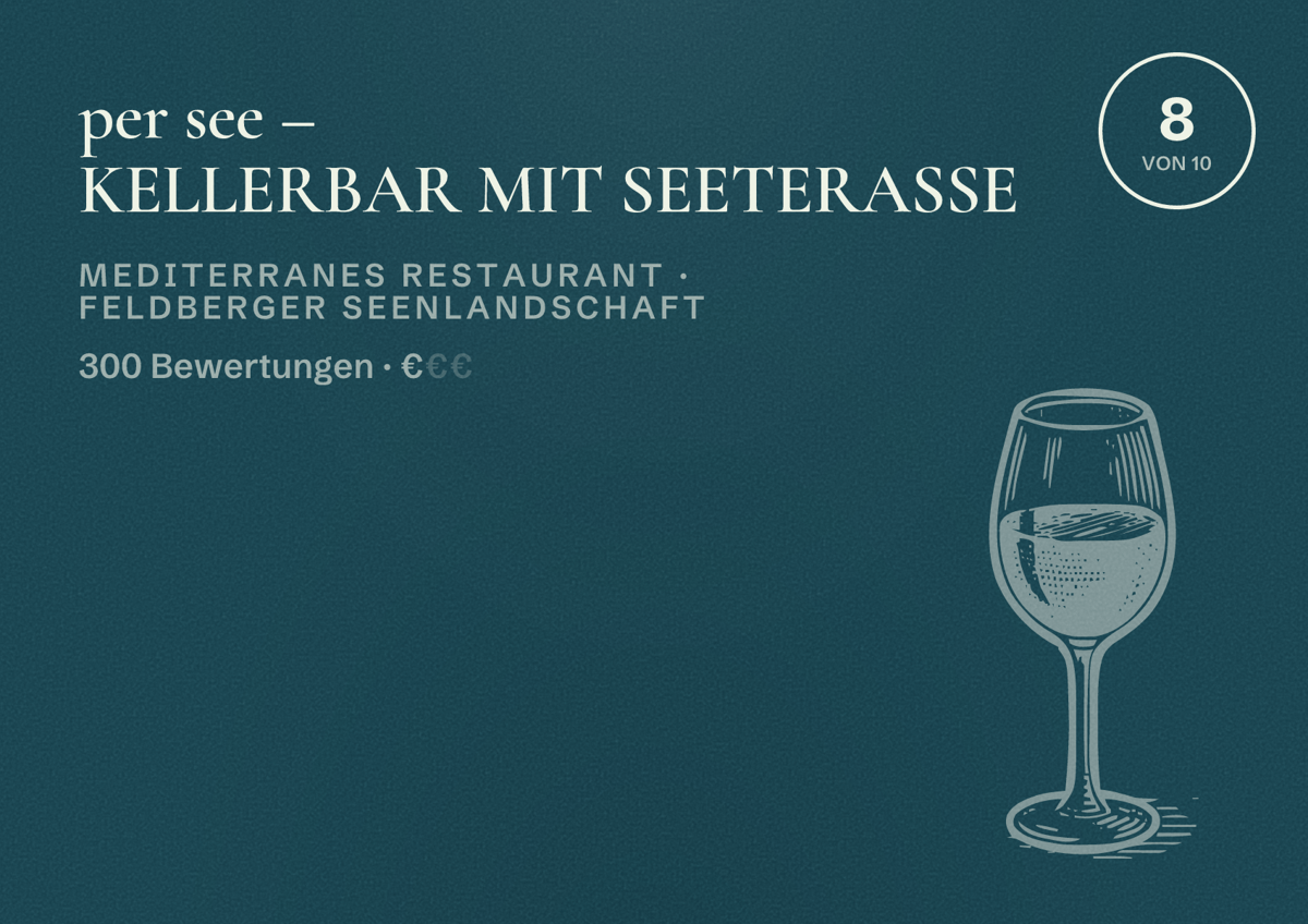 Illustriertes Poster von per see – KELLERBAR MIT SEETERASSE, Mediterranes Restaurant in Feldberger Seenlandschaft: Bewertung 8 von 10 aus 300 Bewertungen, Preisniveau €